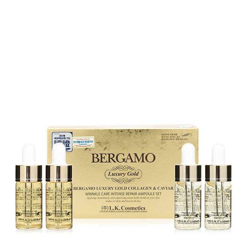Bộ tinh chất dưỡng chống nhăn và làm sáng da Bergamo Luxury Gold Collagen Serum & Caviar 13ml x 4